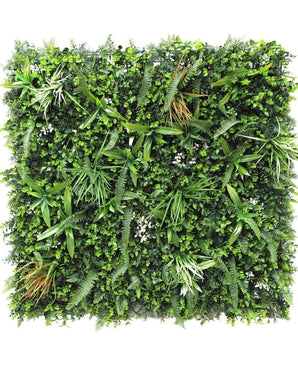 Artificiell Hedge Savanne brandskyddsmedel 100x100 cm är en fyrkantig panel med tätt, brandskyddande konstgjorda gröna bladverk med blandade växtblad som ormbunkar och gräs för en frodig vertikal trädgårdseffekt.