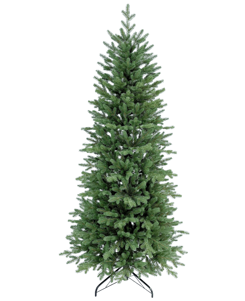 Artificial Christmas Tree Slim "Undset" 100% PE är en hög konstgjord julgran med täta gröna PE-grenar, känns äkta och står på en svart metallbotten. Den är odekorerad och visas mot en vanlig vit bakgrund.