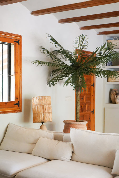 Ett mysigt vardagsrum med en vit soffa, en bordslampa i rotting, Artificiell Palm Phoenix De Luxe 210 cm i kruka, träbjälkar i taket, ett fönster med träramar och en trädörr i bakgrunden.