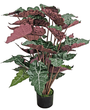 Den konstgjorda växten Alocasia 100 cm grön/röd har stora, mörkgröna blad med framträdande vita ådror och rödlila undersidor, presenterade i en svart kruka.