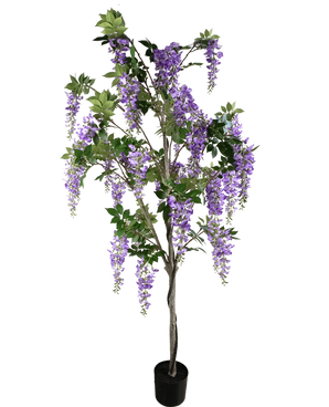 Den konstgjorda blåregnväxten 210 cm är en konstgjord blåregn i kruka med gröna blad och lila blomklasar mot en vanlig vit bakgrund.
