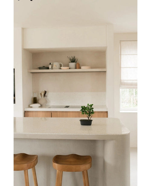 Ett minimalistiskt kök med ljusa väggar och skåp, öppna hyllor med tallrikar och en växt, två träpallar nära en krökt ö och växten Artificiell Bonsai Ficus 30 cm på bänken nära ett ljust fönster.