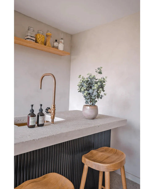 En modern bänkskiva har en mässingskran, tvålautomater, den konstgjorda Eucalyptus 61 cm krukväxt och två träpallar. Ovanför bänkskivan rymmer hyllor på en lätt vägg burkar och flaskor.