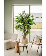 En mysig vardagsrumshörna med en konstgjord växt Ficus Tropical Liana 180 cm vid fönstret, en mjuk vit fåtölj, en trästol med dyna och två små runda träbord med koppar och en kanna.