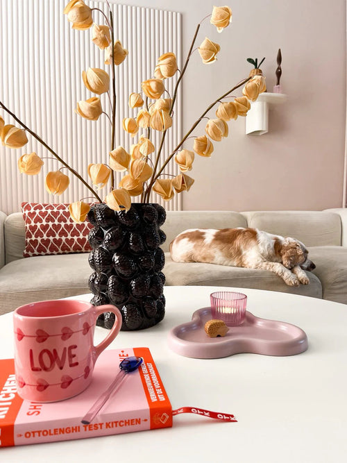 Ett mysigt vardagsrum med en beige soffa, en sovande katt, en skulpturell svart vas innehållande den konstgjorda blomman Physalis Lampion 90 cm brun, en rosa "LOVE"-mugg, en bok, ett ljus och en kaka på soffbordet.