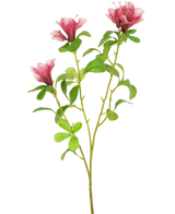 En enda konstgjord blomma Rhododendron Azalea 73 cm fuchsia stjälk med tre blommande rosa blommor och flera gröna blad på vit bakgrund.