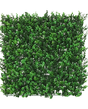 Artificiell Hedge Buxbom grön 50x50 cm UV är en fyrkantig panel med täta konstgjorda gröna buxbomsblad, som skapar en frodig häck, sett uppifrån mot en vit bakgrund.
