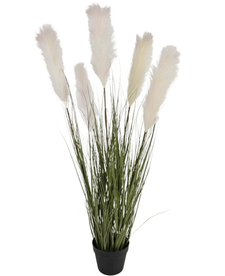 Konstgrästyget rörlök gräskruka 120cm brandskyddsmedel har höga gröna gräsliknande löv och fluffiga vita pampasplymer i en svart kruka, mot en vanlig vit bakgrund.
