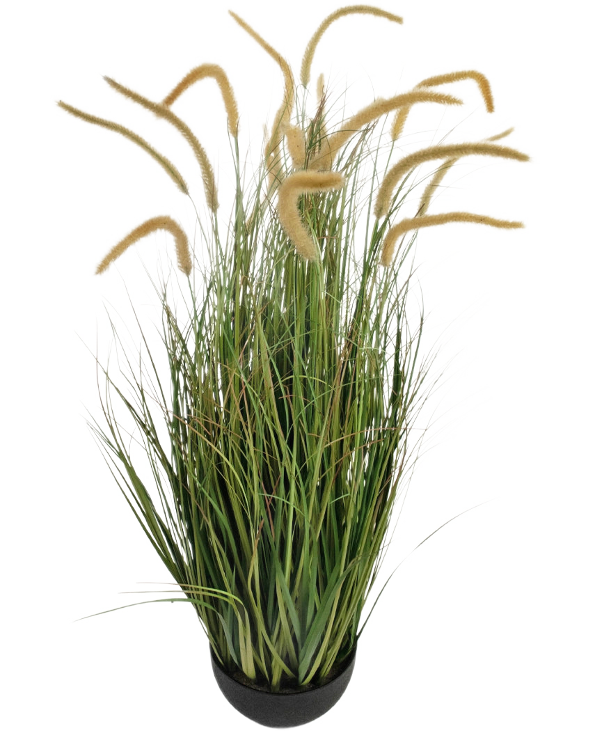 Konstgräs Dogtail lök gräs gren 110cm brandskyddande är en krukväxt konstgräsplanta med långa, smala gröna blad och höga, fluffiga beiga fröhuvuden, avbildad mot en vanlig vit bakgrund.