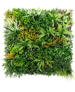 Artificiell Hedge Sherry 100x100 cm UV är en levande vertikal trädgårdspanel med en rad frodiga gröna växter med texturerat lövverk i gröna, gula och röda toner, allt mot en skarp vit bakgrund.