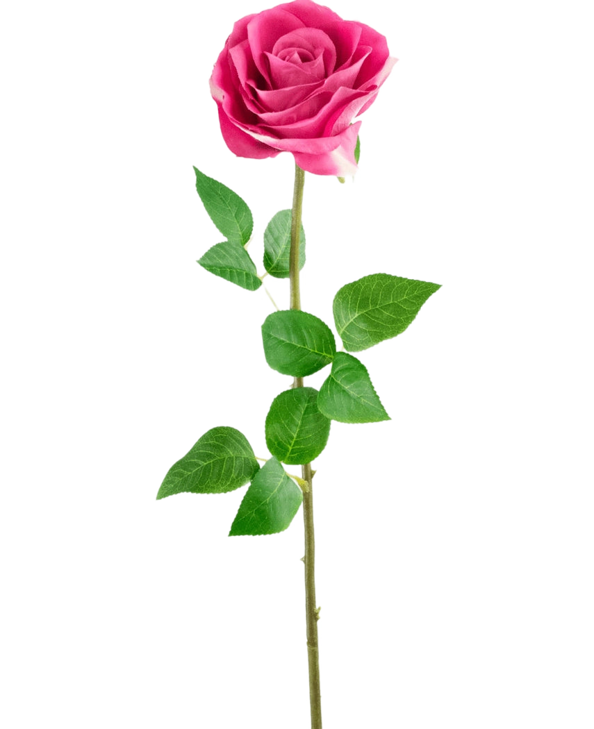 Artificial Rose Real Touch 56 cm ros har en enda rosa konstgjord ros med naturtrogna gröna blad på en lång stjälk, mot en vanlig vit bakgrund.