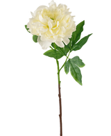 Den konstgjorda blompionen 61 cm vit är en konstgjord vit pion med skiktade kronblad och gröna blad på en lång brun stjälk, avbildad mot en vanlig vit bakgrund.