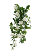 Den konstgjorda hängande växten Petunia 70 cm vit har gröna blad och vita trumpetformade blommor i fallande vinstocksliknande design, mot en vanlig vit bakgrund.