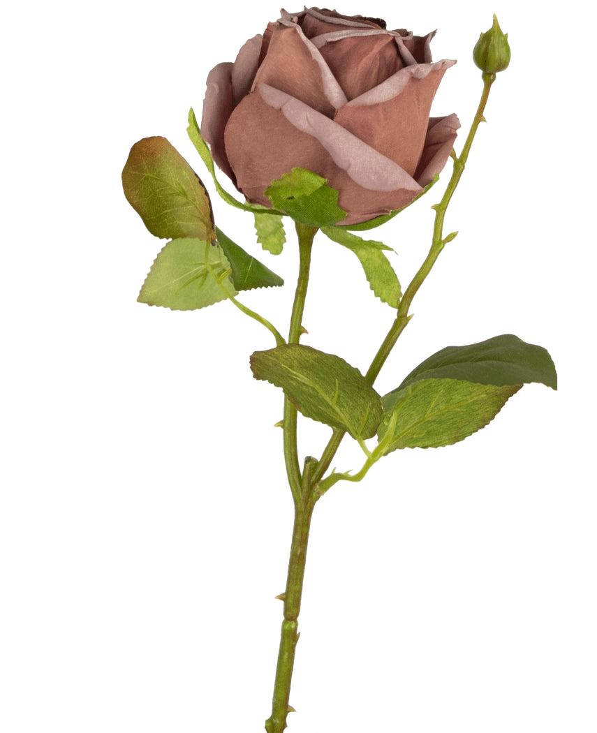 En lyxig konstgjord blomma: Artificial Rose Deluxe 45 cm torkad lila med gröna blad och en liten oöppnad knopp på en lång stjälk, avbildad mot en vit bakgrund.
