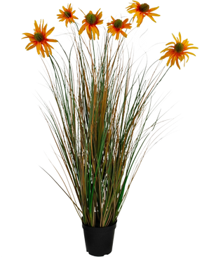 Konstgräs Chrysanthemum Onion Pot 90cm brandskyddsmedel har höga, gröna och bruna gräsliknande blad med sju orange konstgjorda tusenskönablommor i en svart kruka, mot en vit bakgrund.