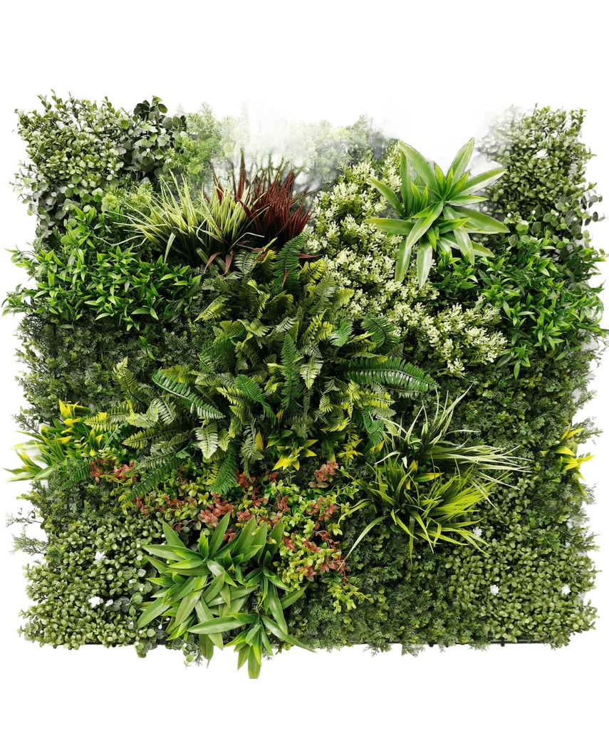 Artificiell Hedge Prestiage 100x100 cm UV är en tät vertikal trädgårdspanel med olika gröna växter och bladverk i ett kvadratiskt arrangemang, med olika bladformer, storlekar och gröna nyanser.