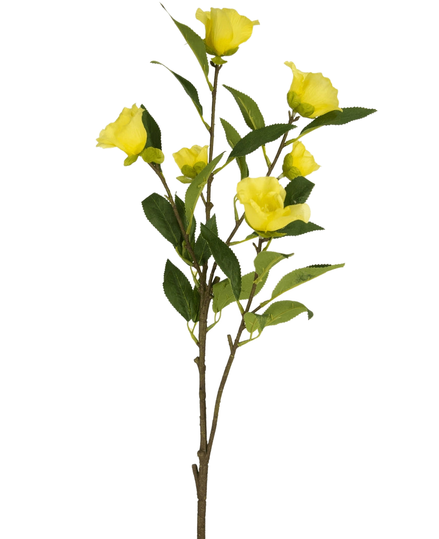 Den konstgjorda blomman Camellia 80 cm gul har en enda stjälk med flera ljusgula konstgjorda kameliablommor och gröna blad, avbildade mot en vanlig vit bakgrund.