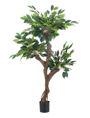 Den konstgjorda växten Ficus Crazy 120 cm är ett högt konstgjort träd i en kruka med flera bruna stammar och täta gröna löv, avbildad mot en vanlig vit bakgrund.