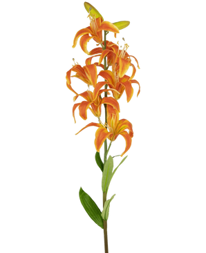 Artificiell blomma Martagon Lily 78 cm orange har en enda stjälk med flera levande orange lilja blommor och gröna blad, mot en vanlig vit bakgrund.