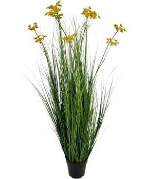 Konstgräsrotsblomma Lökgräskruka 120cm är en brandskyddande konstgjord växt i kruka med långa gröna gräsliknande blad och klasar av små gula blommor, isolerade på en vit bakgrund.