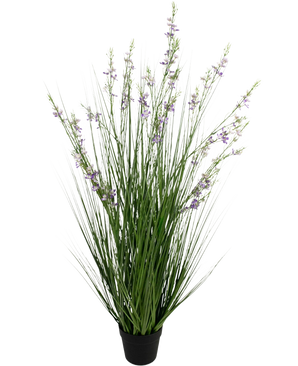 Konstgräs Millet-Onion Grass Bonsai 120cm brandskyddsmedel har höga, tunna gröna gräsliknande löv och långa stjälkar med fina lila blommor i en svart kruka, mot en vit bakgrund.