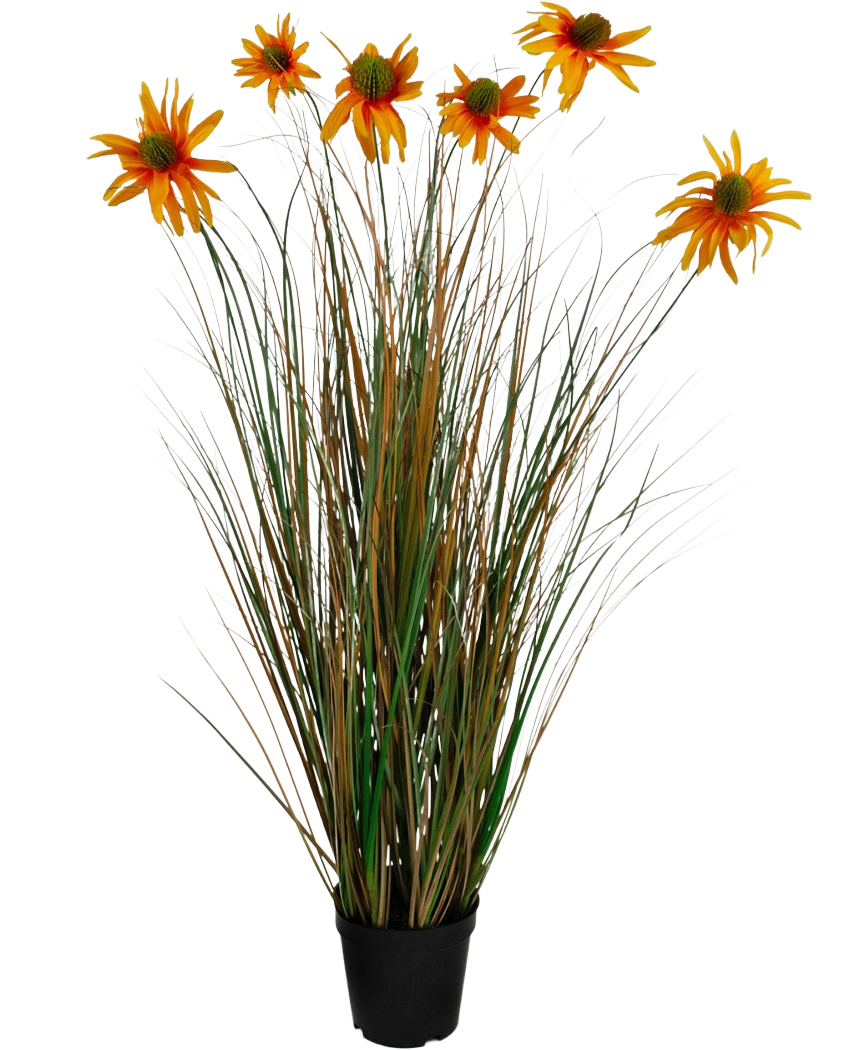 Konstgräs Chrysanthemum Onion Pot 90cm brandskyddsmedel har höga, gröna och bruna gräsliknande blad med sju orange konstgjorda tusenskönablommor i en svart kruka, mot en vit bakgrund.