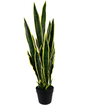 Den konstgjorda växten Sansevieria Laurentii 92 cm i en dekorativ kruka har höga, upprättstående gröna blad med gula kanter, mot en vanlig vit bakgrund.