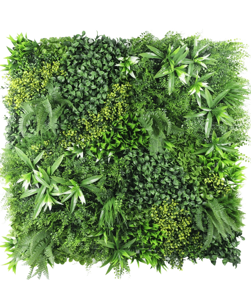 Artificiell Hedge Freshness 100x100 cm UV är en fyrkantig panel tätt täckt med olika gröna blad, med olika bladformer och texturer för att skapa en frodig, levande vertikal trädgård mot en vit bakgrund.