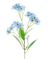 En konstgjord blomorkidé Real Touch Blue 50 cm med klasar av fina ljusblå blommor och några gröna blad står mot en vanlig vit bakgrund.