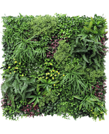 The Artificial Hedge Wonderland 100x100 cm UV är en kvadratisk vertikal trädgård med en tät blandning av gröna och lila löv, ormbunkar och små gula blommor i ett frodigt, strukturerat arrangemang.