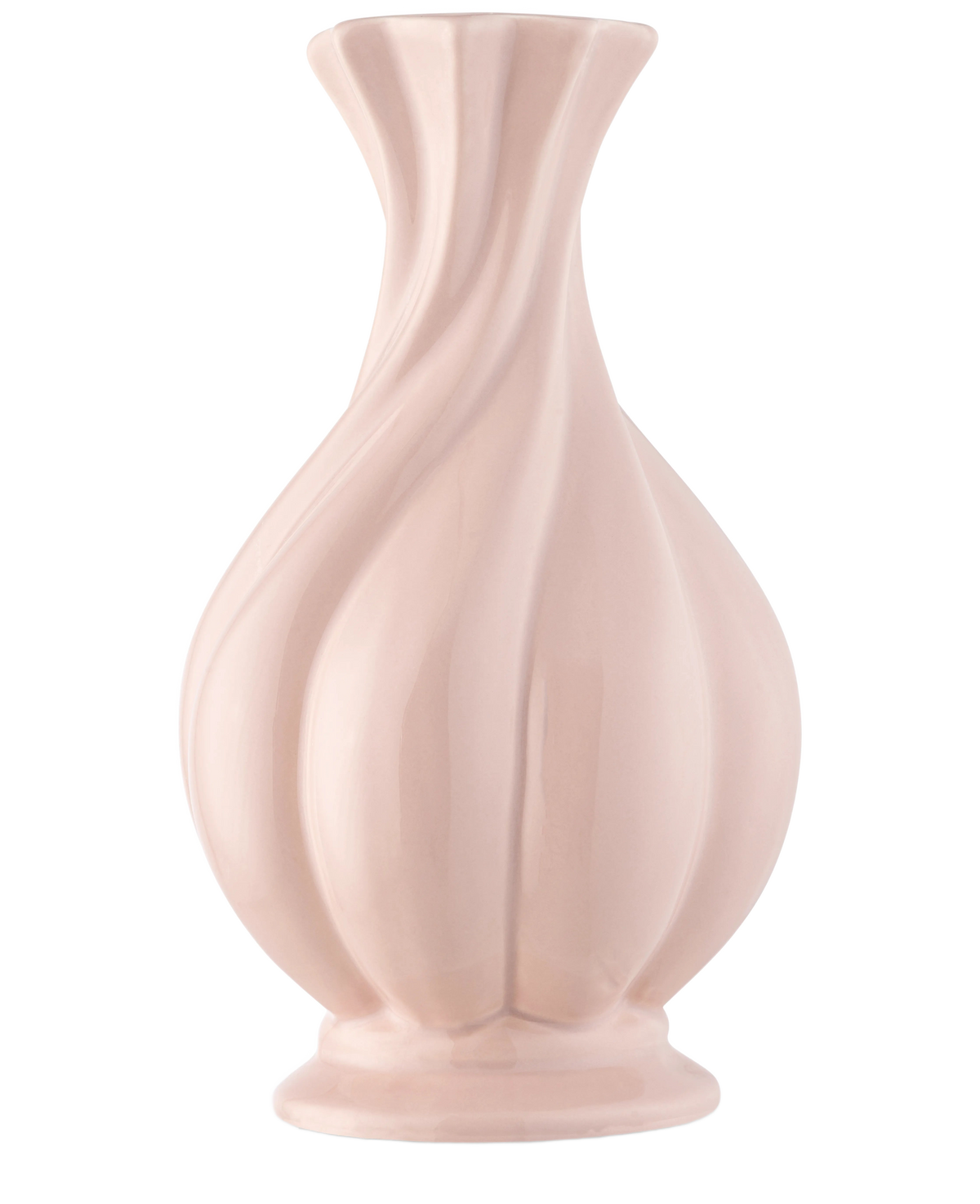 The Vase Little Fairy 26 cm rosa är en blank, ljusrosa keramikvas med en utsvängd kant och skulpterade virvlande räfflor, idealisk för att visa en konstgjord sidenblommabukett. Avbildad mot en vanlig vit bakgrund.