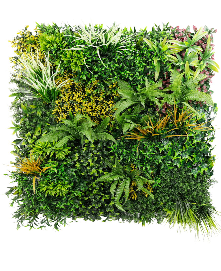 Artificiell Hedge Sherry 100x100 cm UV är en levande vertikal trädgårdspanel med en rad frodiga gröna växter med texturerat lövverk i gröna, gula och röda toner, allt mot en skarp vit bakgrund.