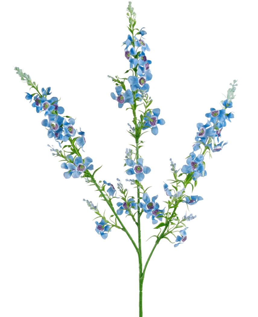 Den konstgjorda blomma kattmyntan 75 cm blå har en enda grön stjälk som förgrenar sig i tre, var och en med klasar av små, levande blå blommor med en lila mitt och gröna blad, mot en vanlig vit bakgrund.