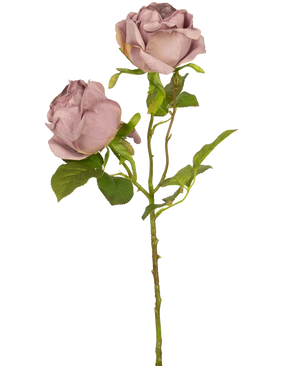 En enkel Artificiell Rose Deluxe 55 cm lila stjälk med två dammiga lila rosor och gröna blad, mot en vanlig vit bakgrund.