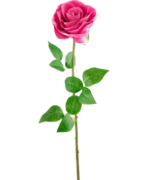 Artificial Rose Real Touch 56 cm rose har en enda rosa konstgjord ros med naturtrogna gröna blad på en lång stjälk, mot en vanlig vit bakgrund.