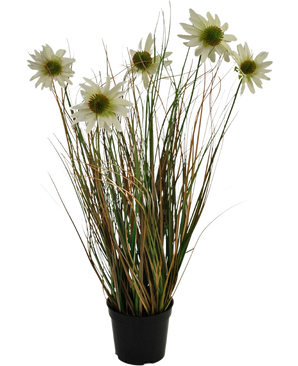 Konstgräskrysantemumlökkrukan 60 cm brandskyddsmedel har långa, tunna gröna och bruna blad med flera höga stjälkar toppade med vita tusensköna-liknande blommor med ett gult hjärta.