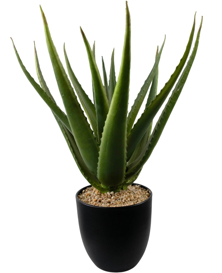 En närbild av den konstgjorda växten Aloe Vera 45 cm visar tjocka, gröna, taggiga blad i en svart kruka fylld med små ljusbruna småstenar.
