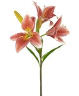 På en stjälk av den 66 cm gammal rosa artificiella blomman finns det flera blommande rosa liljor med gröna blad mot en vanlig vit bakgrund.