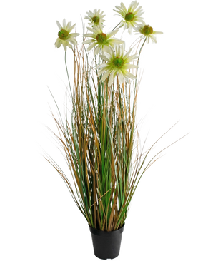 Konstgräskrysantemumlökkrukan 90cm brandskyddsmedel är en konstgjord växt i en kruka med långa gröna och bruna gräsliknande blad, toppad med vita prästkrageblommor med gult hjärta.
