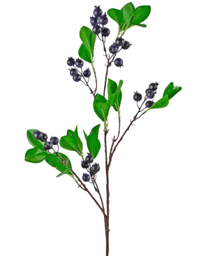 Artificiell grenbär 76 cm lila har en gren med klargröna blad och klasar av små, runda, mörklila bär mot en vanlig vit bakgrund.