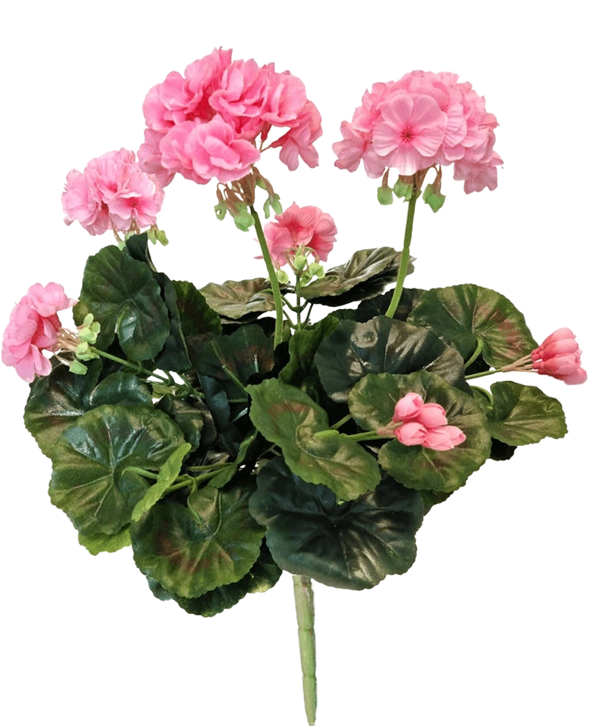 Den konstgjorda Pelargonen 40 cm rosa har rosa blommor och runda gröna blad på långa stjälkar, som visar skönheten hos en konstgjord rosa växt eller falsk pelargon mot en vit bakgrund.
