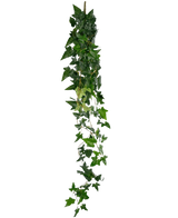 Den konstgjorda hängande växten Ivy Boston 120 cm grön har en lång sträng av konstgjord grön murgröna med täta, spetsiga blad som faller ner mot en vanlig vit bakgrund.