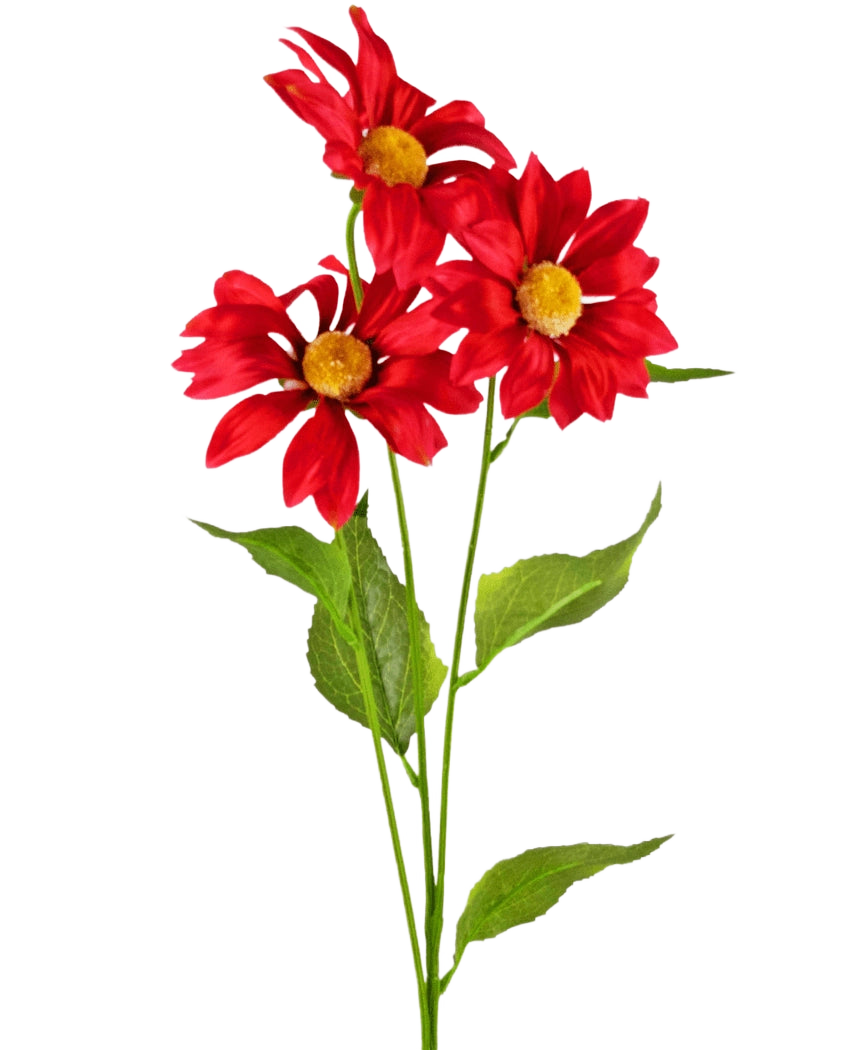 Artificiell blomma Daisy 78 cm röd har tre livfulla röda konstgjorda tusenskönor med gula hjärtan och gröna blad på långa stjälkar, mot en vanlig vit bakgrund.