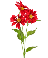 Artificiell blomma Daisy 78 cm röd har tre livfulla röda konstgjorda tusenskönor med gula hjärtan och gröna blad på långa stjälkar, mot en vanlig vit bakgrund.