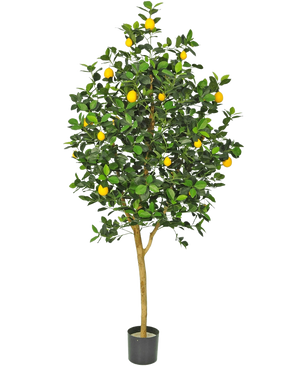 Det konstgjorda citronträdet 150 cm har en brun stam, gröna blad och flera gula citroner i en kruka mot en vanlig vit bakgrund.