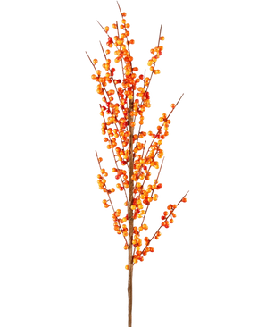 Artificiell gren Ilex 100 cm orange har en enda hög gren med många små orange bär på smala bruna stjälkar, mot en vanlig vit bakgrund.
