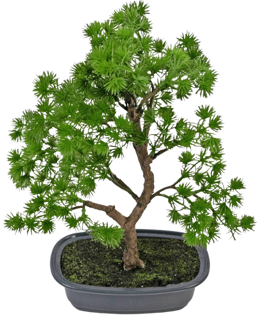 Den konstgjorda växten Bonsai Juniper 30 cm har täta ljusgröna blad och en vriden stam, i en grund grå kruka med mörk jord, mot en vanlig vit bakgrund.