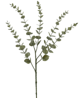 Den konstgjorda blomman Eucalyptus Yugali 71 cm är en enda konstgjord stam med fem grenar och små, runda gröna blad, avbildad isolerad på en vit bakgrund.