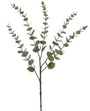 Den konstgjorda blomman Eucalyptus Yugali 71 cm är en enda konstgjord stam med fem grenar och små, runda gröna blad, avbildad isolerad på en vit bakgrund.