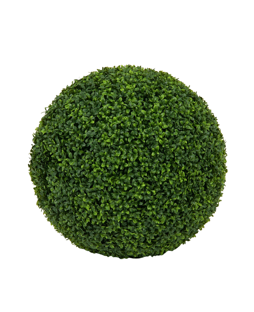 En tät, rund konstgjord växt buxbom romersk stil UV D55cm topiary av konstgjorda gröna buxbom blad mot en vanlig vit bakgrund.